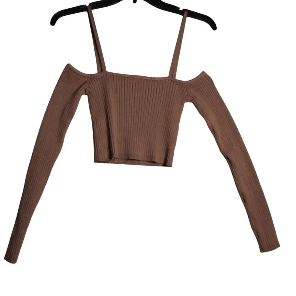 Zara New Brown Off the Shoulder Crop Top‎ Long Sleeve Size Medium